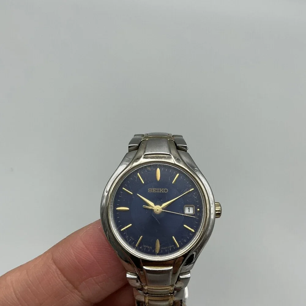 Seiko Womens Watch 25mm Blue Dial Two Tone Date 7N82-0DR0 New Battery 5.75
